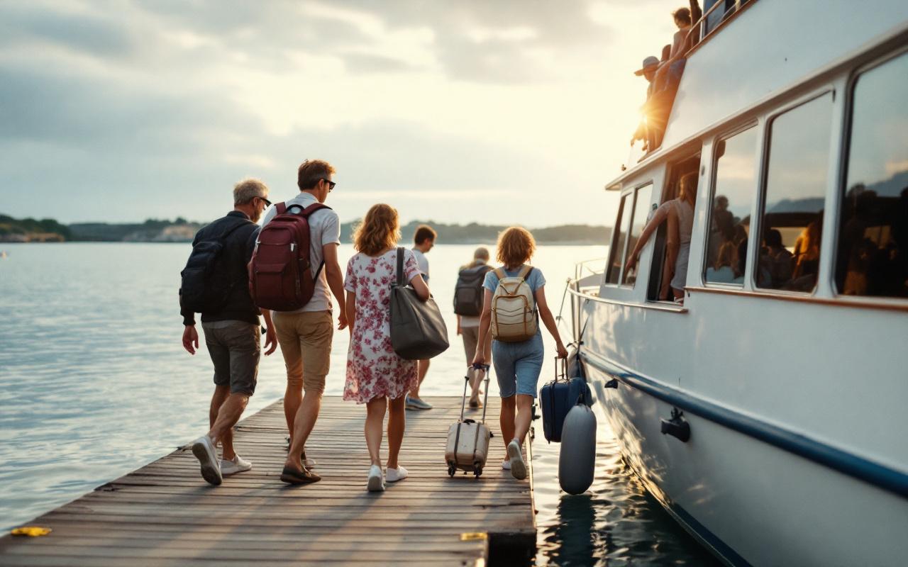 Des passagers de tous âges embarquent à Vannes pour une excursion maritime, sur un ponton, près d’un bateau blanc avec l’horizon vers les îles du Golfe du Morbihan.